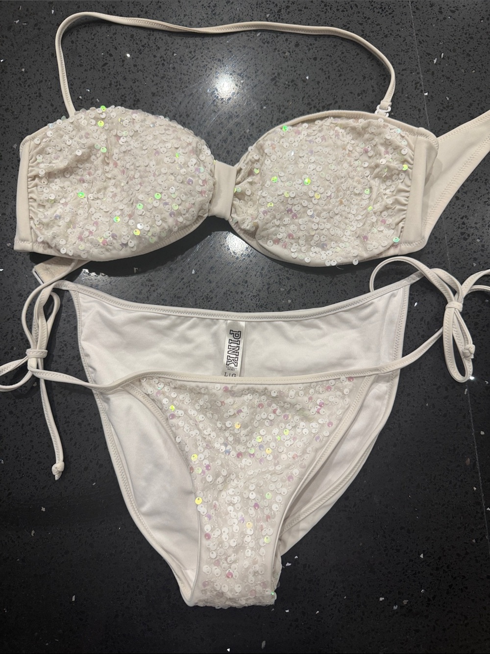 PINK Victoria's Secret Iridescent White Sequin Bandeau Bikini